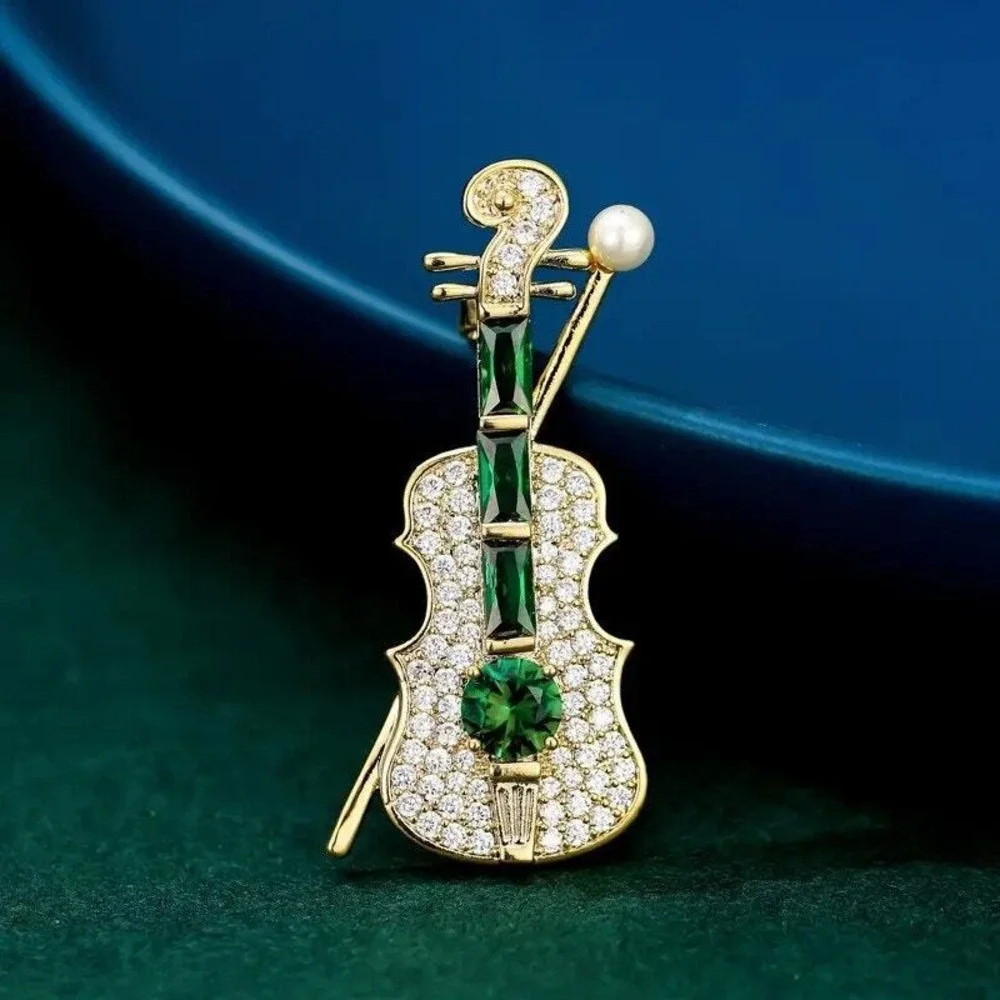 Brooch Green‎ & Gold Rhinestone Violin Pin